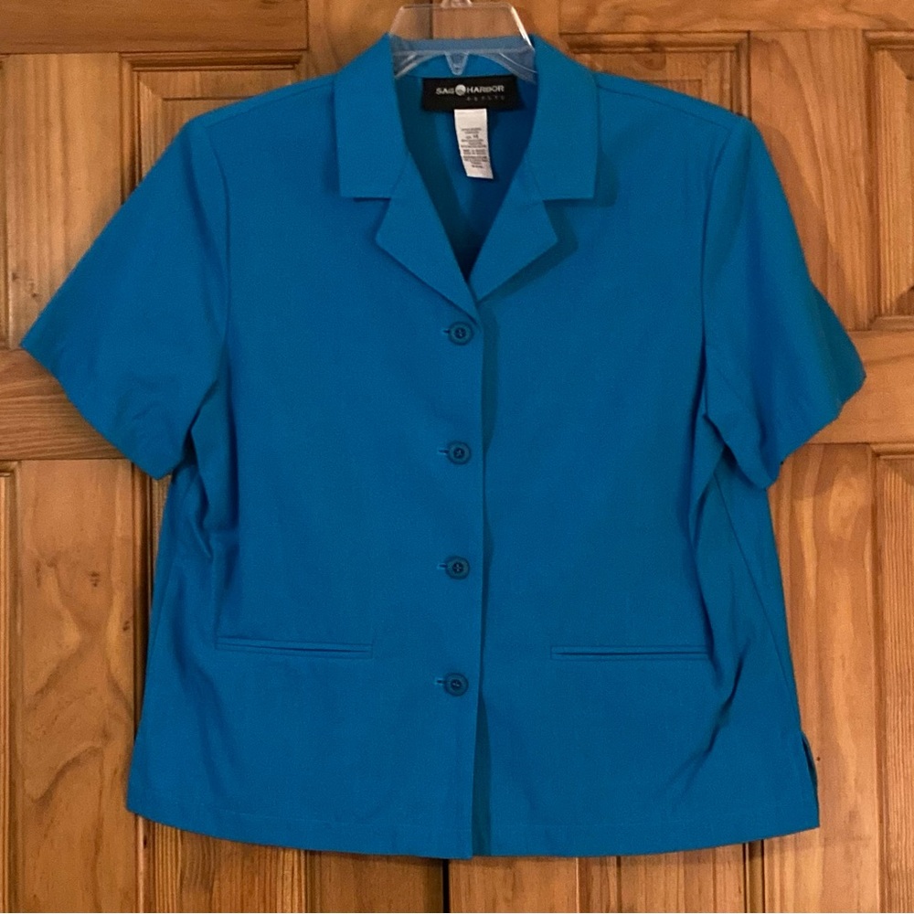 NWOT Sag Harbor Petite Vintage 90s Top Short Sleeve Blouse Blazer Blue Size 14P